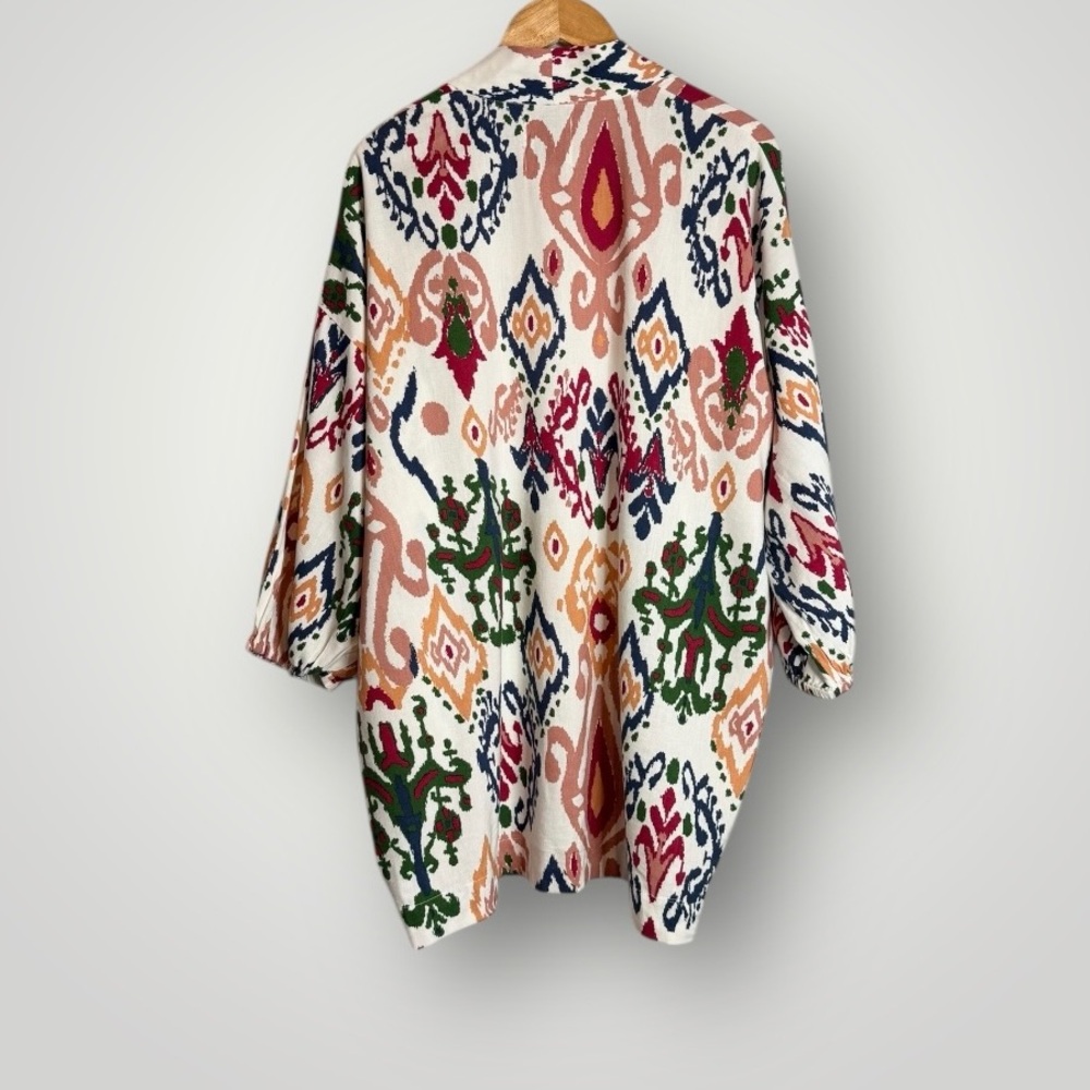 Zara The Hanoi Open Kimono Ikat Print Womens Size Medium Pockets Linen Blend EUC - Picture 4 of 9